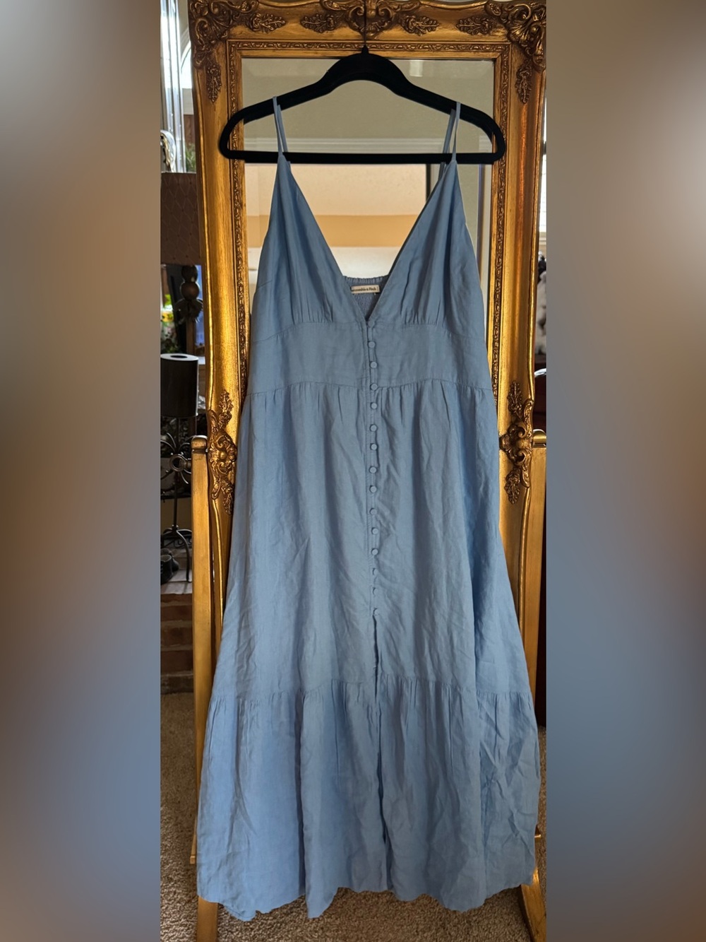 Abercrombie and Fitch Light Blue Women's Spaghetti Strap Button-Front Maxi Dress